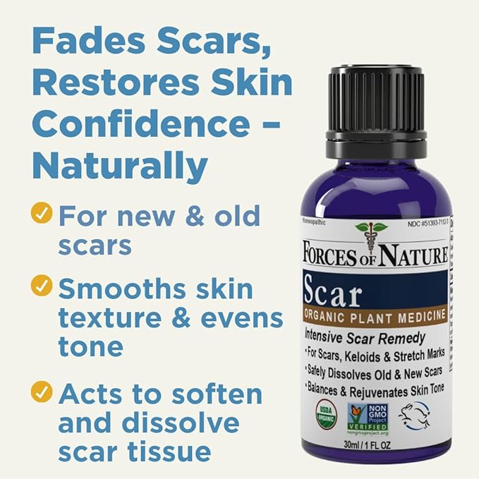 Forces of Nature Scar Treatment, Reduce Stretch Marks, Surgical Scars, Old and New Scars, Burn Scars, and Keloids, Organic Homeopathic Medicine for Skin Care, Promotes Healthy Skin, 1 FL OZ