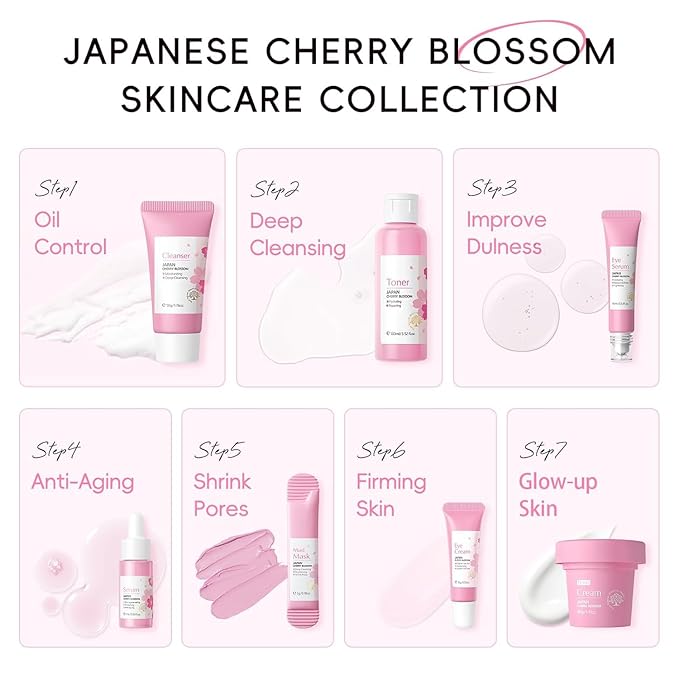 Sakura Skin Care Set, Skin Care for Women Teens Girls, Beauty Skincare Gifts Sets, Skin Care Routine Kit for Women, Hydrate, Oil Control, Glow Up, Travel Size -7 PCS