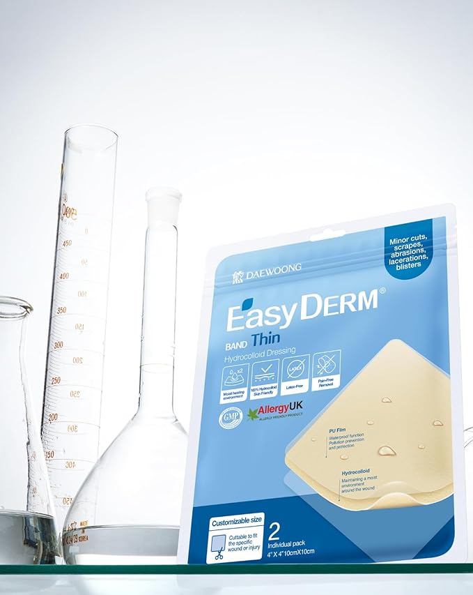 Easyderm Thin Hydrocolloid Large Wound Dressing 4”x4” 2 Pack (4 Dressings) Waterproof, Latex Free, Highly Absorbent Dressing for Burns, Blisters, Pimple Care and Wound Healing with Mini Scissor