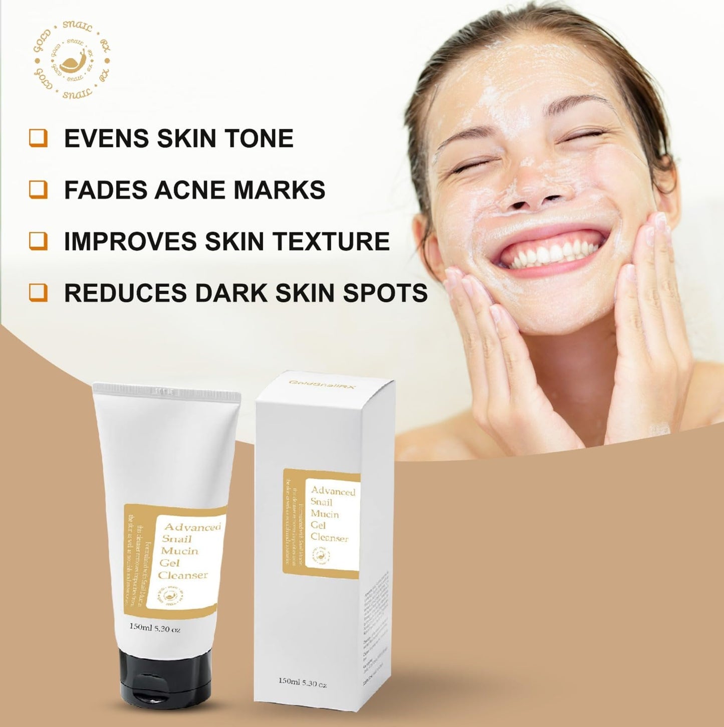 GoldSnailRX Advanced Snail Mucin Gel Cleanser, 5.07 Fl oz/150 ml Rich Daily Deep Cleansing for Dry & Sensative Skin Luxury Korean Skincare Not Tested on Animals No Parabens