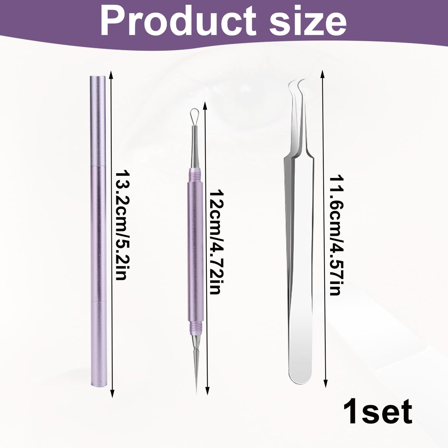 Nouiseuns Blackhead Tool Set for Face, Purple Stainless Steel Acne Extractor and Whitehead Extractor Tool – 2Pcs Professional Pimple Remover Kit with Angled Tweezers & Loop Needle for Nose & Skin Care
