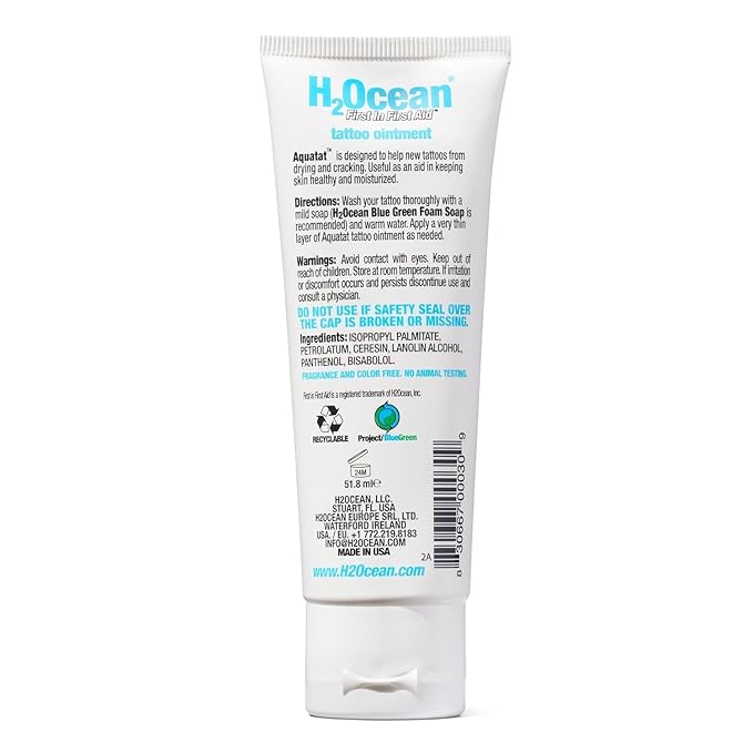 H2Ocean Aquatat Tattoo Healing Ointment - Tattoo Aftercare Cream for Tattoo Supplies - Fragrance- & Dye-Free Tattoo Care Ointment with Vitamins A & B - 1.75 oz (Pack of 2)