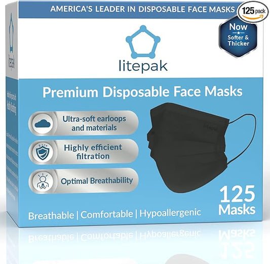 Litepak 125-Pack Disposable Face Mask Premium Comfort Earloops with Dispenser Box (Black)
