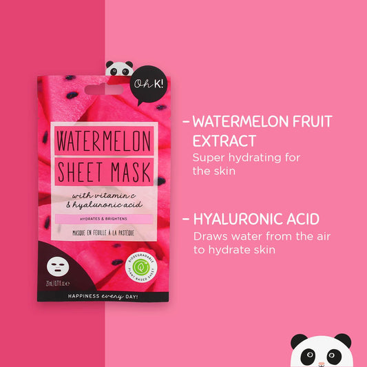 Oh K! Sheet Mask - Watermelon - Moisturizing Face Mask - Hydrating Face Sheets - Enriched with Hyaluronic Acid, Vitamin C - Korean Skincare - 1 Pc