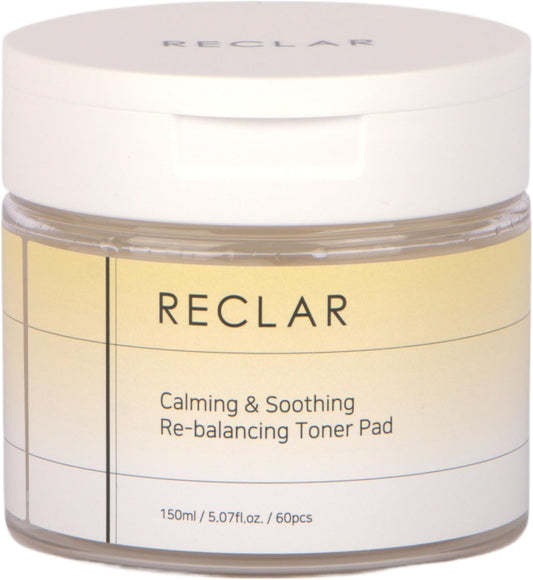 Reclar Calming & Soothing Re-Balancing Toner Pad 150ml, 60 Count, Korean Skincare, Exfoliating, Aloe, Hydrating
