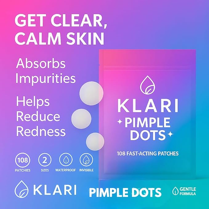 Klari Pimple Dots – 108 Hydrocolloid Acne Patches, Zit Stickers for Breakouts & Blemishes, Invisible Day & Night Spot Treatment for Face (2 Sizes)