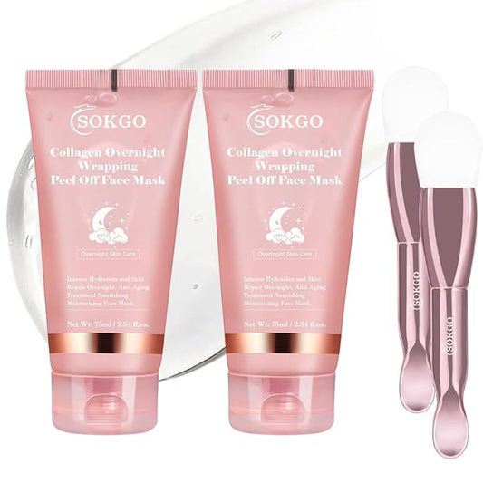 Collagen Overnight Wrapping Mask, Intensive Hydration Anti Aging Overnight Skin Treatment, Boosts Elasticity and Firmness, Revitalizes Dull Skin Reduces Fine Lines and Wrinkles (2PCS)