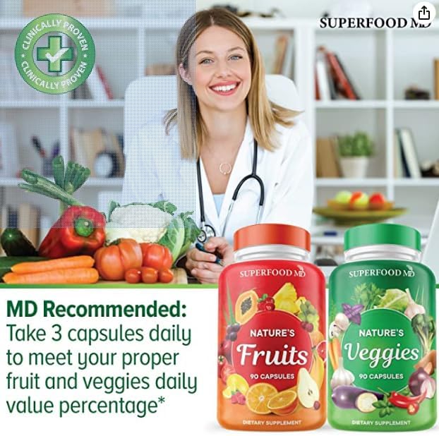 Superfood MD Fruits & Veggies Supplement - Whole Food Natural Superfoods - Supports Energy Levels, with Aloe Vera - Soy Free- 90 Count (Pack of 2)