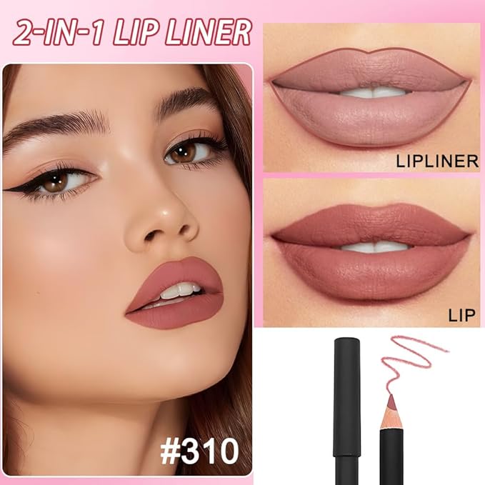 2 Pcs Natural Nude Brown Beige Colors Lip Liner Lipstick Pencils Set for Daily Makeup,Easy to Apply & Remove,Waterproof