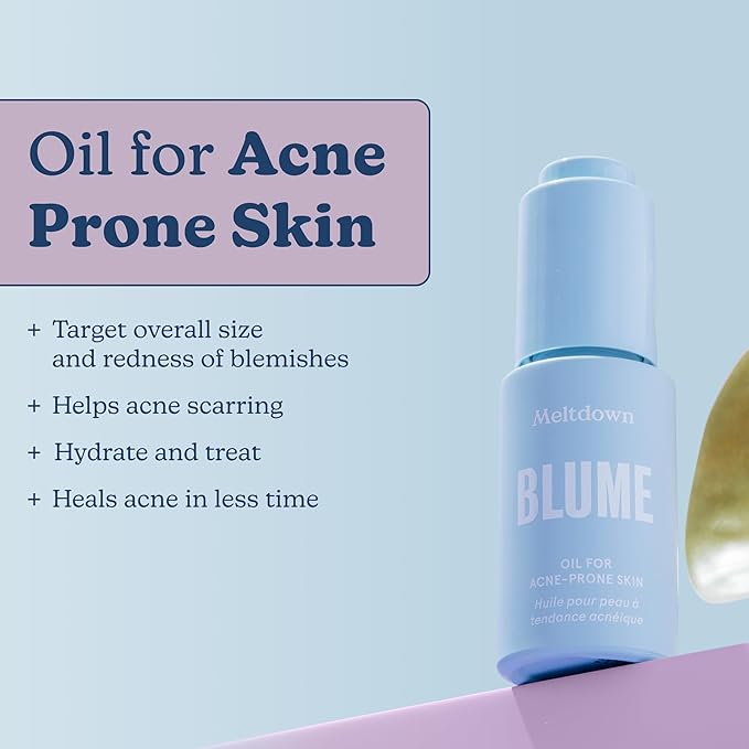 Blume Meltdown Face Oil for Women & Men - Non-Comedogenic Acne Serum with Rosehip Oil, Blue Tansy & Black Cumin Seed - Helps Reduce Redness, Smooth Texture & Hydrate - Cruelty-Free & Vegan (0.5 oz)