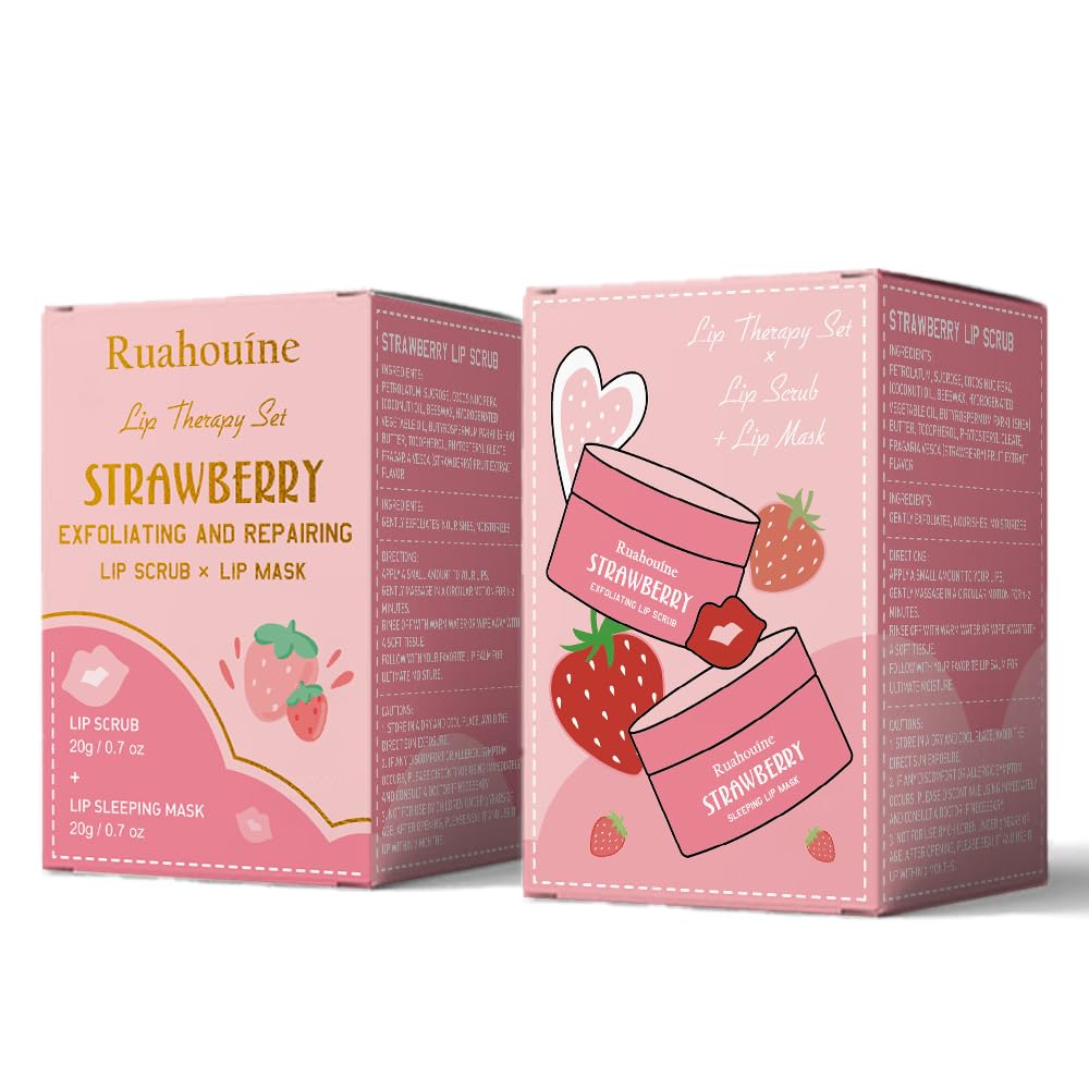Strawberry Lip Scrub And Mask Set, Sugar Exfoliator Lip Scrub For Dark Lips To Lighten, Lip Care Kit, Sleeping Lip Mask, 1.4 oz / 2-piece