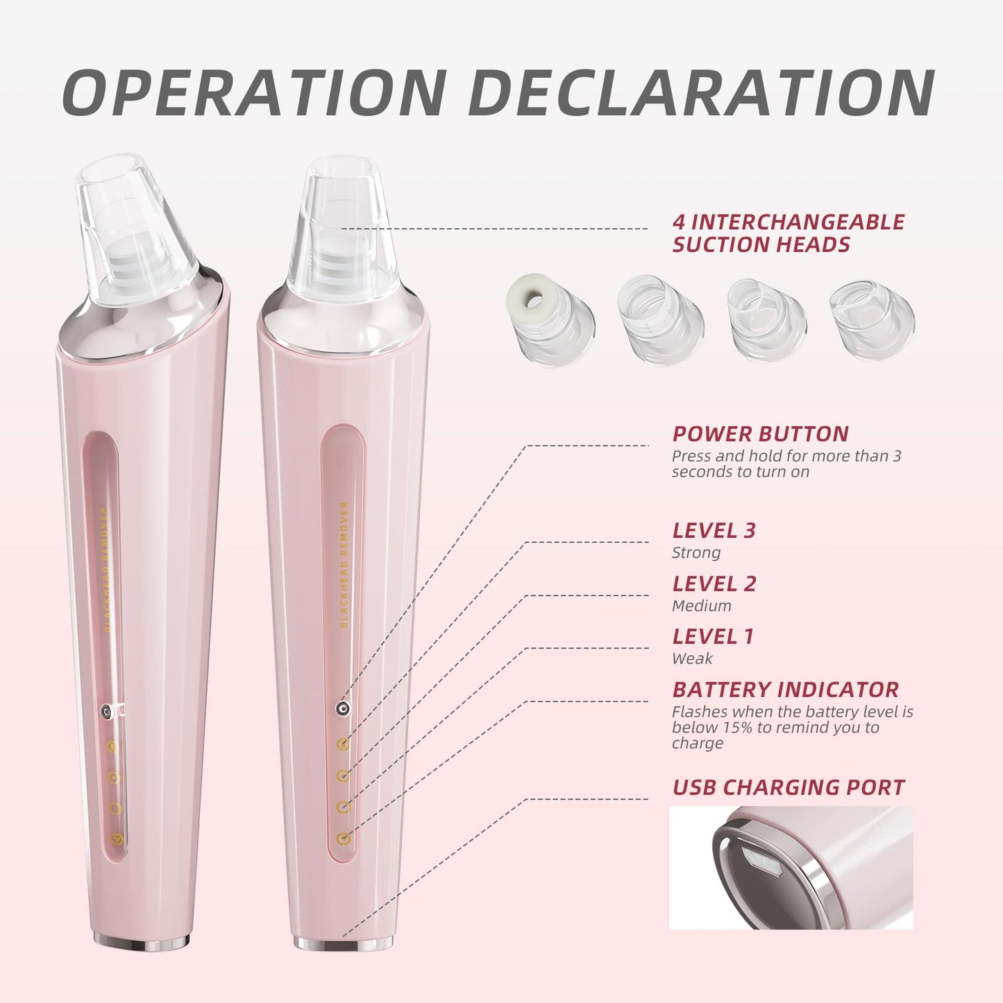 Blackhead Remover Pore Vacuum, Face Cleaner Extractor, 4 Suction Heads & 3 Adjustable Modes, USB Charging Interface, Blackhead Vacuum Kit for Women&Men(Pink)