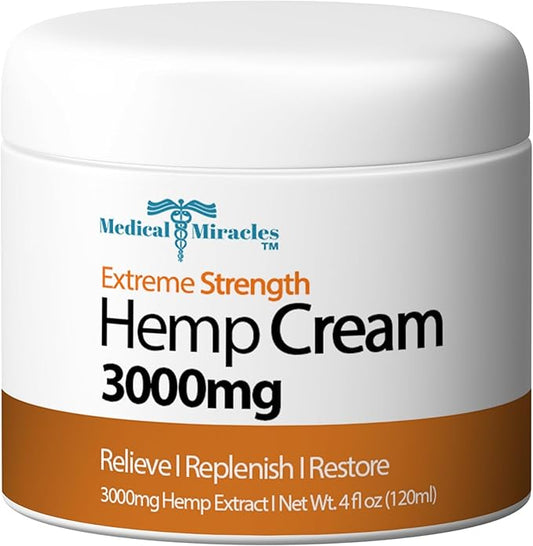 Hemp Relief Cream - Ideal for Arthritis, Neuropathy, Muscles, Joints, Neck, Back, Elbows, Hands, Feet, and Knees - Proudly Made in USA (3000mg)
