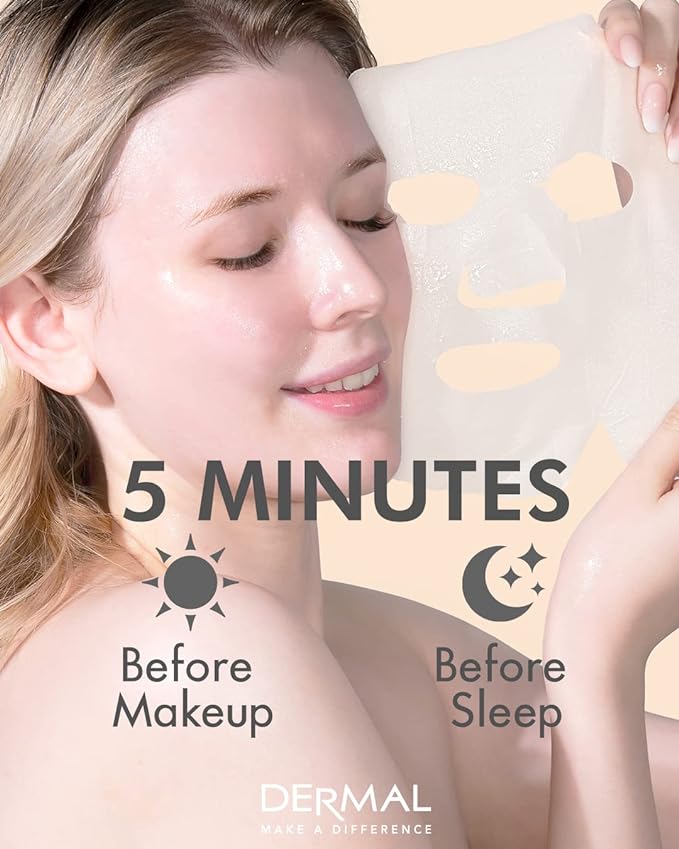 DERMAL Korean Collagen Face Mask – Hydrating & Soothing Sheet Mask with Panthenol – Hypoallergenic Calming Moisture Care for All Skin Types – 48 Combo Pack