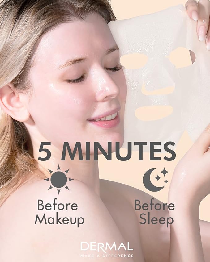 DERMAL Korean Collagen Face Mask – Hydrating & Soothing Sheet Mask with Panthenol – Hypoallergenic Calming Moisture Care for All Skin Types – 32 Combo Pack
