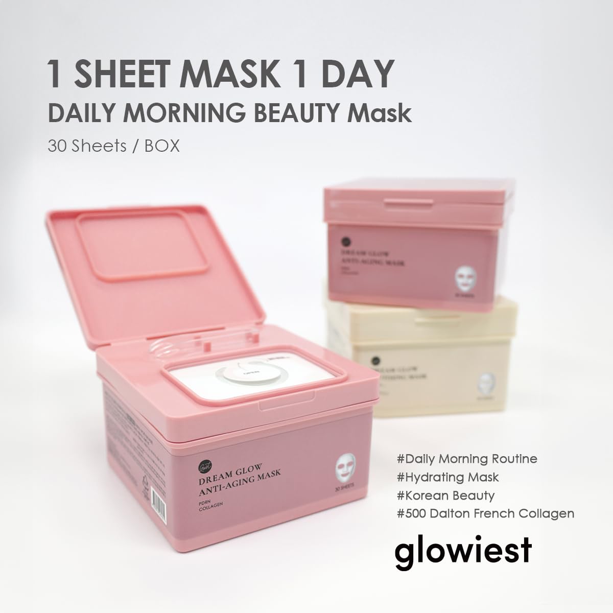 glowiest DREAM GLOW BEAUTY MASK (30ea) (Collagen + Salmon PDRN Daily Sheet Mask) – Korean Skincare Face Mask for Anti-Aging, Hydrating & Brightening, K-Beauty Facial Mask with Marine Collagen & PDRN