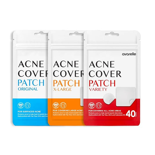 AVARELLE Pimple Patches Hydrocolloid Acne Patches, Acne Spot Treatment for Blemishes and Zit with Tea Tree Oil, Calendula Oil and Cica Oil for Face, Vegan, Cruelty F(8 XL + Variety + 80 CT)