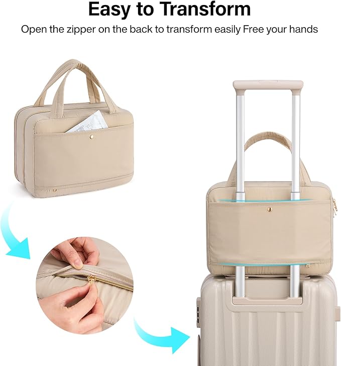 Hanke Hanging Travel Toiletry Bag for Women with Jewelry Organizer Compartment, Travel Essentials Toiletries and Makeup Bag, Water-Resistant & Stain-Resistant with Trolley Strap (Apricot)