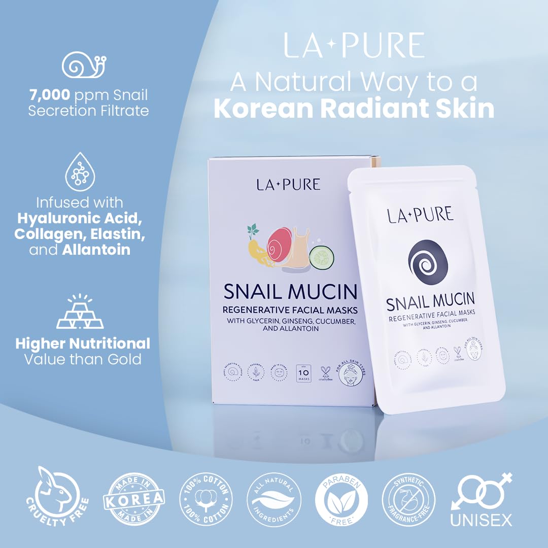 LA PURE Snail Mucin Mask – 10ct Korean Sheet Mask Pack for Signs of Aging, Aid Skin Repair & Hydration – Pure Snail Mask for Face with Collagen & Hyaluronic Acid – Cruelty-Free Hydrating Sheet Mask