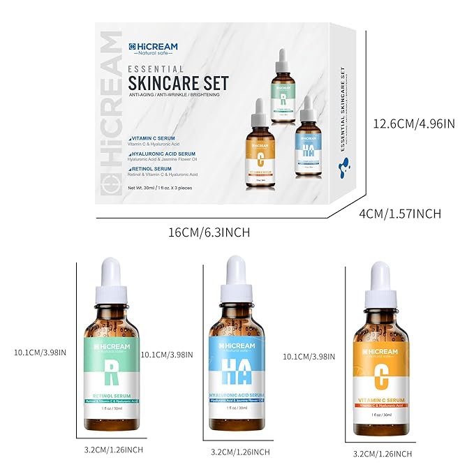 Face Serum Set 3-Pcs Set, Includes Vitamin C, Hyaluronic Acid & Retinol - Skin Care Set for Brightening, Firming, Hydrating - Facial Skin Care Set for Fine Lines, Dark Spot Corrector