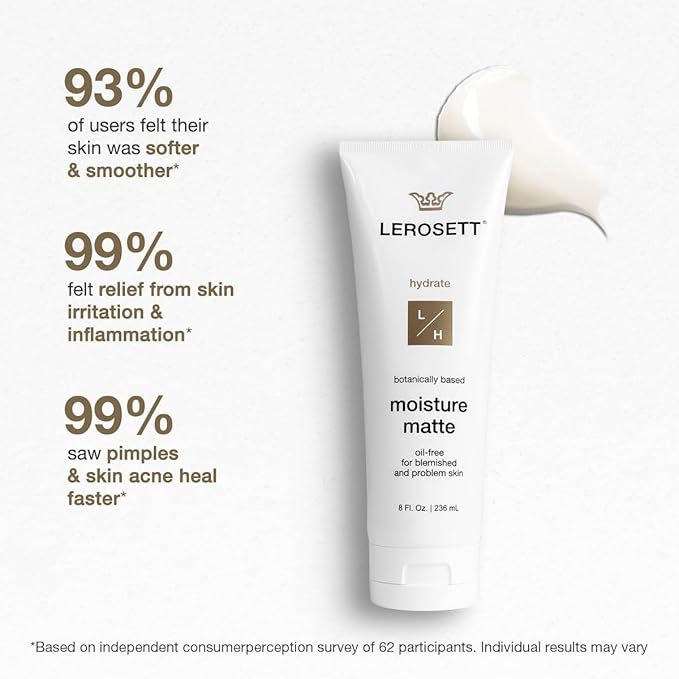 LEROSETT Oil-Free Moisturizer for Acne, Moisture Matte for Oily & Sensitive Skin, Vegan Moisturizer, Lightweight & Aloe-Based with Vit-B5 + 7 Soothing Herbals, Non-comedogenic, Fragrance Free - 3 oz