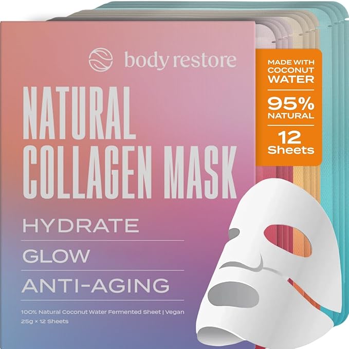 Body Restore Natural Collagen Face Mask 12 Pack – Korean Skin Care Sheet Mask with Fermented Coconut Water – Birthday Gifts for Women & Men, Support Deep Moisture, Dry Skin, Clean Beauty - Variety