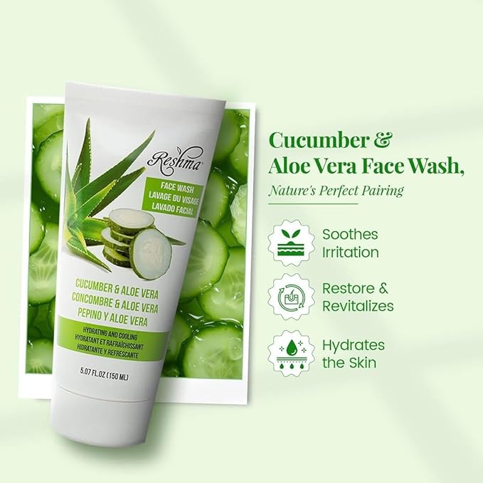 Reshma Beauty Cucumber & Aloe Vera Face Wash for All Skin Types, Gentle Cleanser for Nourishing and Hydrating Skin, Removes Make-Up, For Daily Use, Cruelty-Free, 5.07 fl oz, Pack of 1