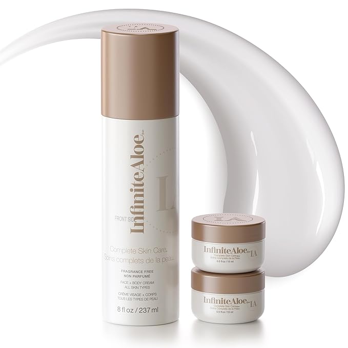 InfiniteAloe Complete Skin Care, Aloe Vera Powered Face and Body Cream for Dry Skin Relief, Fragrance Free - Airless Pump & 2 Travel Jar 0.5 oz