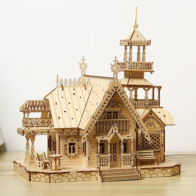 3D Wooden Puzzles for Adults 267pcs Vintage LED Light Villa DIY Wooden Assembly Kit for Teens Home Decor