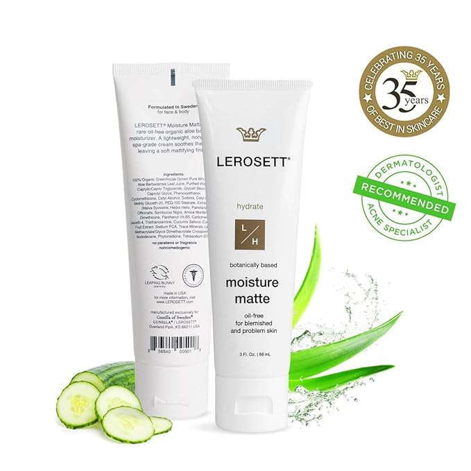 LEROSETT Oil-Free Moisturizer for Acne, Moisture Matte for Oily & Sensitive Skin, Vegan Moisturizer, Lightweight & Aloe-Based with Vit-B5 + 7 Soothing Herbals, Non-comedogenic, Fragrance Free - 3 oz