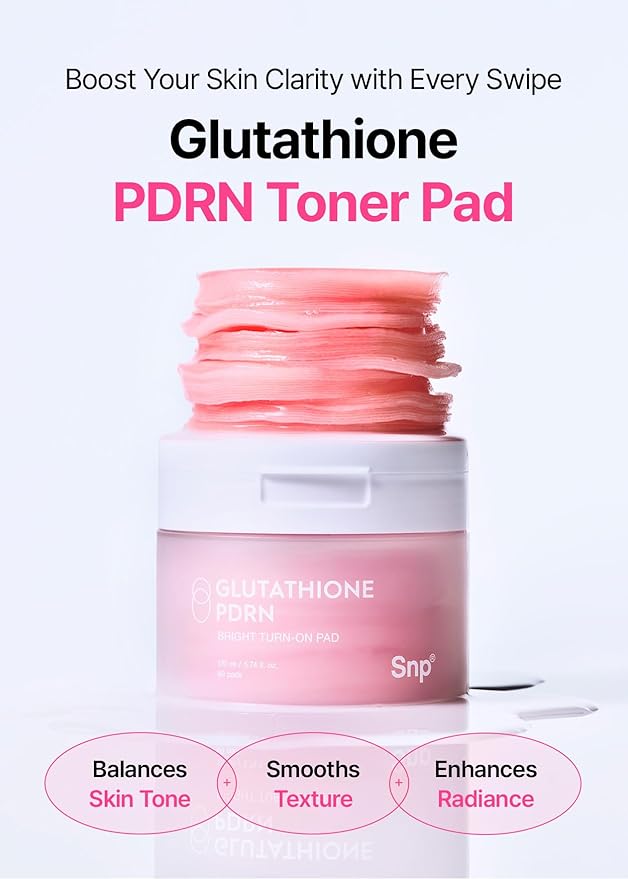 Snp 99% Glutathione + PDRN + Niacinamide Facial Toner Pads | Treat Blemishes Exfoliating Pad | LHA, PHA Acne Pad | Bamboo & Vitamin C, E, Ferulic Acid Double-Sided Patch | Korean Face Pads | 60 Sheets