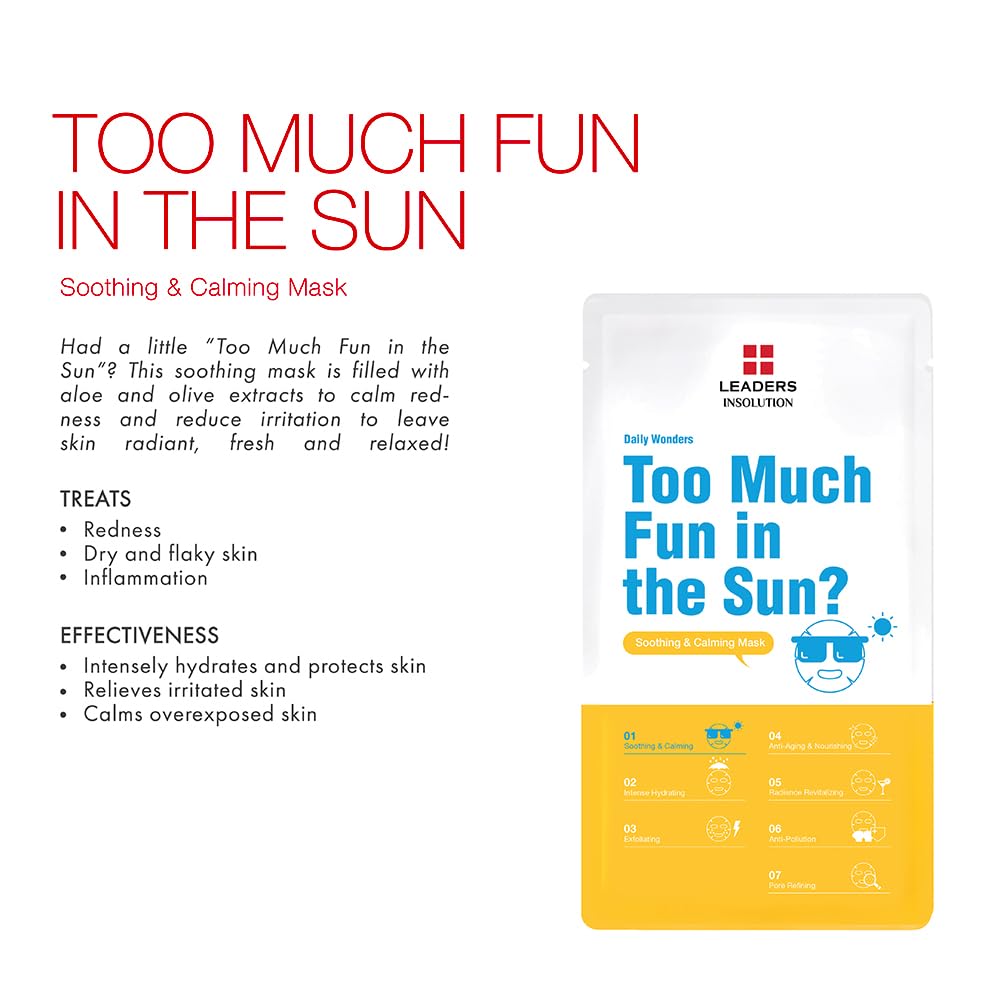 Leaders Insolution Daily Wonders Too Much Fun in the Sun? Facial Mask Sheet Soothing and Calming Hydrating Korean Skincare (10 Sheets)