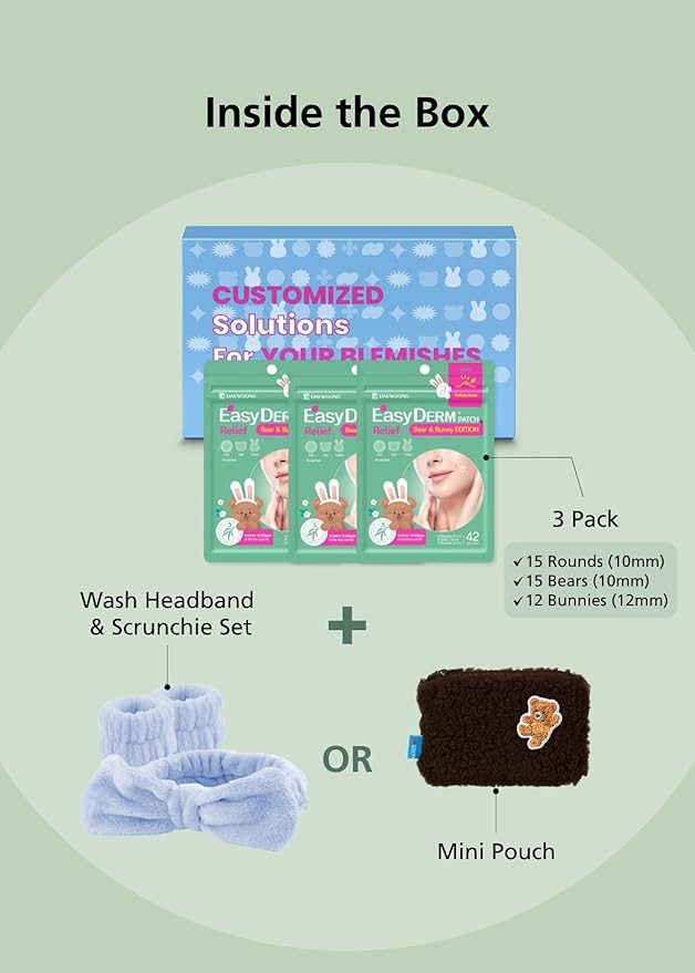 Easyderm Cute Bear&Bunny Relief Pimple Patches with 7,000 PPM Tea Tree Oil(126 counts), Salicylic Acid, Easter basket stuffers, Holiday Gift with Free Mini Pouch, Stocking Stuffer for Teens