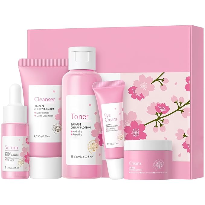 Cherry Blossoms Skin Care Sets, 5 PCS Routine Facial Skin Care for Women Teens Girls, Beauty Gifts Sets, Glow Up, Moisturizing, Even Skin Tone, for All Skin Type