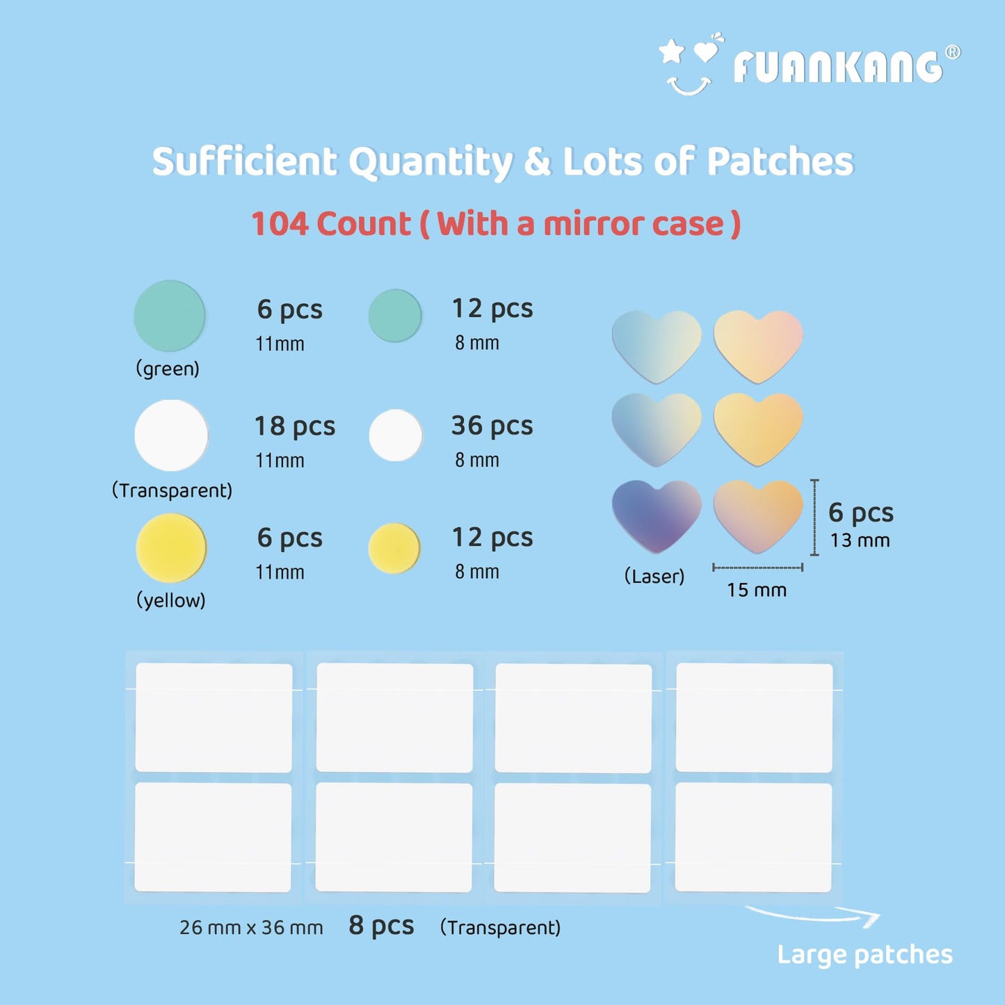 FUANKANG Pimple Patches for Face, Colorful Hydrocolloid Patches for Covering Zits and Blemishes, Cute Round Teardrop Heart Acne Patch, 104 Count (With a mirror case)