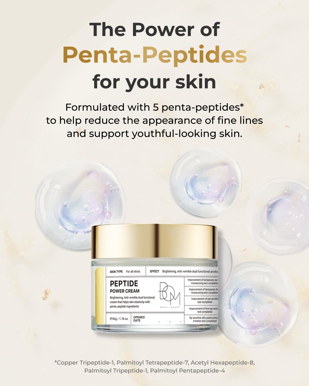 bom COSMETICS Peptide Power Cream 1.76 Fl Oz, Daily Moisturizing Cream with Peptide and 99% Pure Gold for Hydration, Collagen Support to improve Skin Texture, Skin Barrier Care, Korean Skincare