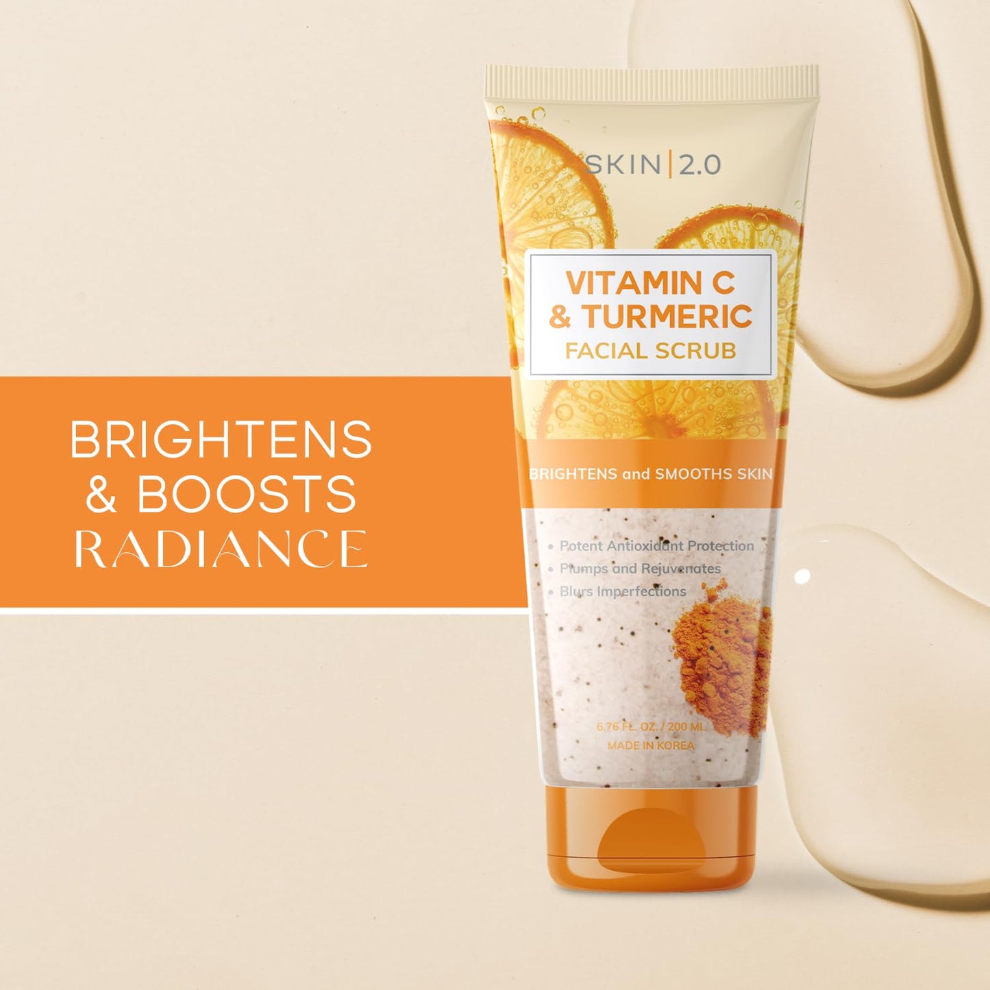 Skin 2.0 Vitamin C & Turmeric Face Scrub - Dermatologist Tested, Exfoliating, Brightening, Hydrating, Anti-Aging, Clean Beauty, Cruelty-Free Korean Skincare, All Skin Types - 6.76 Fl Oz / 200ML