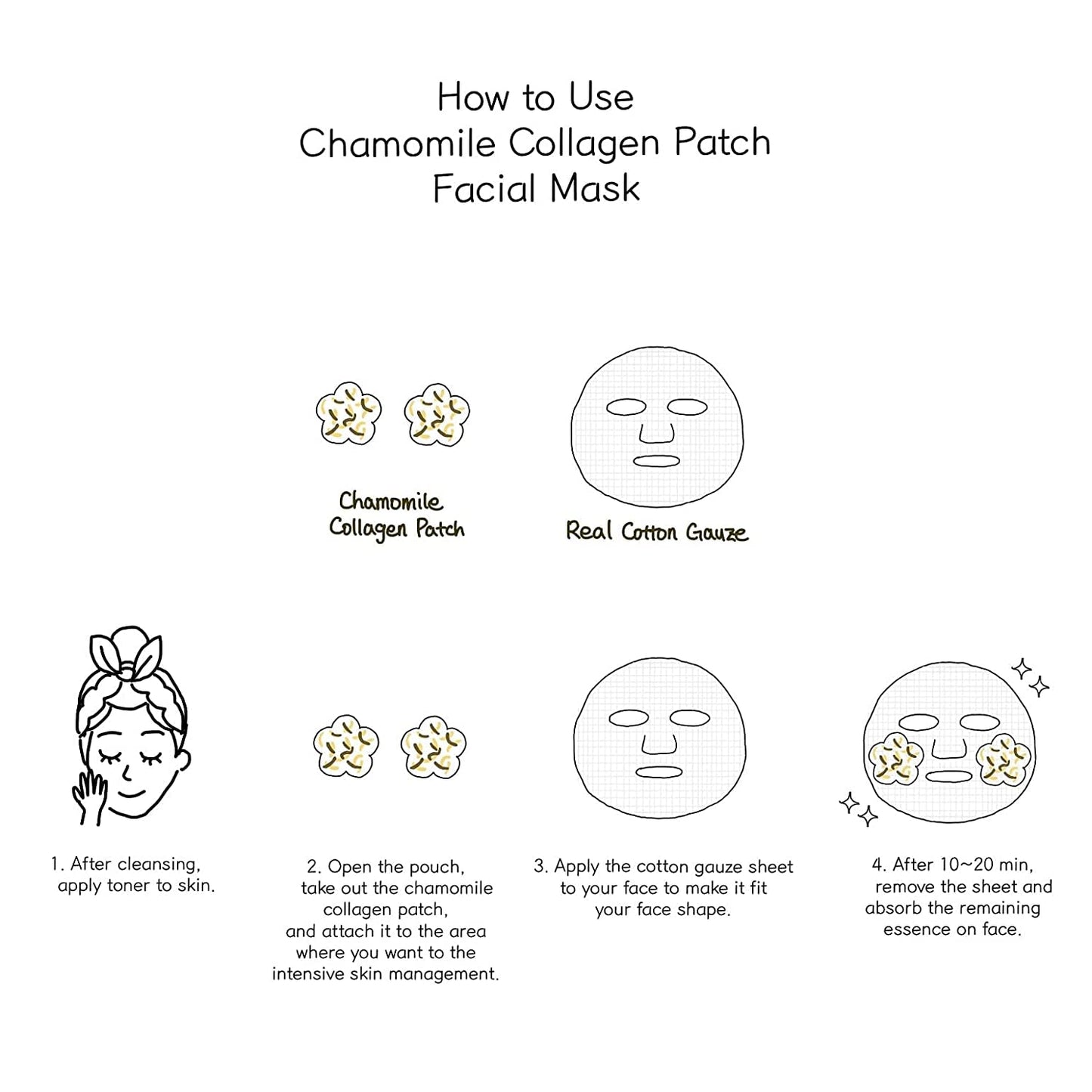 miss dragon Chamomile Collagen Patch Mask (10 Pack) – Cruelty Free Collagen Korean Skincare Facial Cotton Sheet Mask for Sensitive Skin