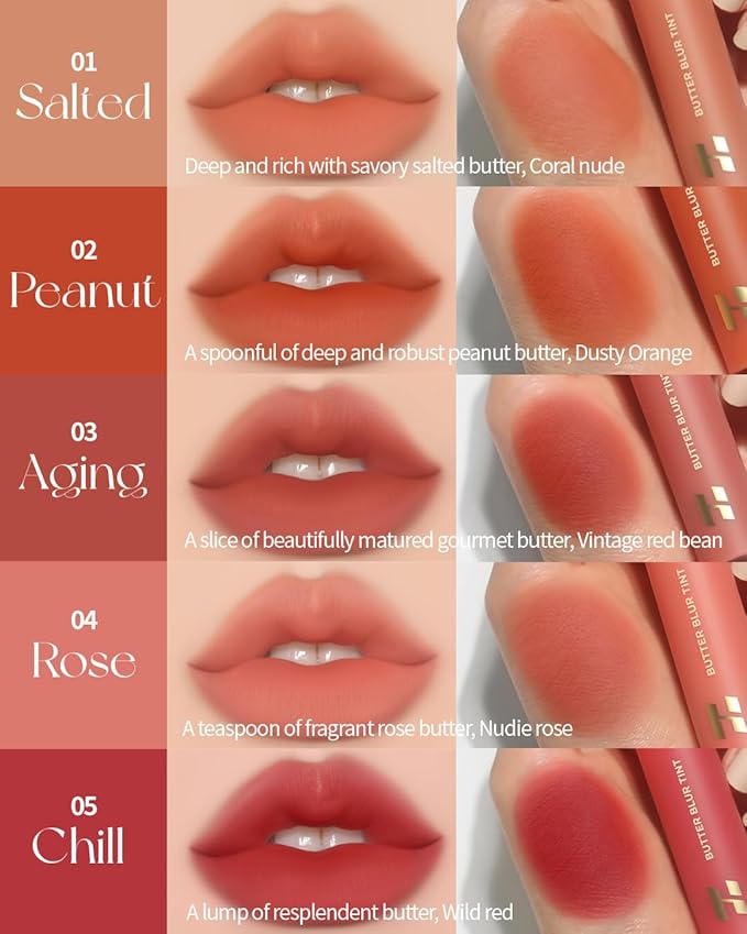 HOLIKA HOLIKA Butter Blur Lip Tint (02 PEANUT) - Korean Matte Lip Tint, Lightweight High-Pigmented Lips, Velvety Silky Smooth K-Beauty Lip Makeup, Long Wearing Formula
