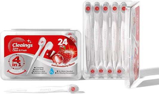 cleaings® Disposable Toothbrushes with Toothpaste Mini Travel Oral Care, 4-in-1 (Mini Brushes+Toothpaste+Tongue Scraper+Pick) Portable for Work,Camping Essentials(Strawberry), 24 Count (Pack of 1)