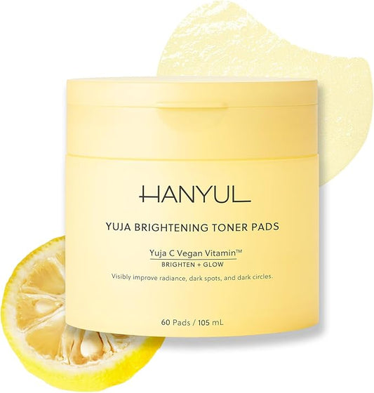 HANYUL Yuja Toner Pads | Korean Yuzu with Vitamin C & 5% Niacinamide to Visibly Brighten Dark Circles, Dark Spots, Even Tone, Glow Boosting for Face & Undereyes, 60 Sheets