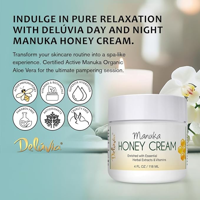 Deluvia Manuka Honey Cream | Hydrating & Soothing Moisturizer Face & Body Lotion | for Sensitive Skin, Eczema, Psoriasis & Dermatitis | 4 ounce