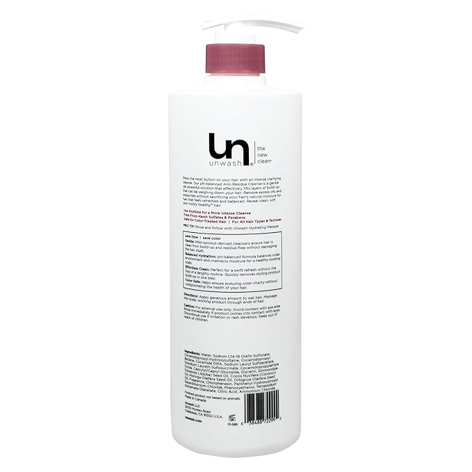 unwash Anti-Residue Cleanse - Gentle, Ph-Balanced Clarifying Shampoo for Build-Up, Dirt and Oil, Safe for All Hair Types, 33.8 fl oz