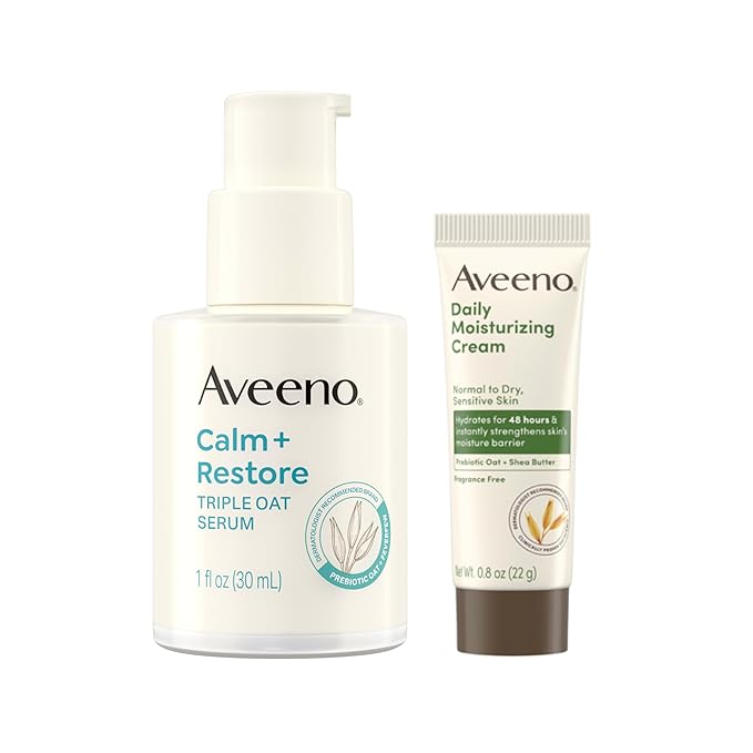 Aveeno Skin-care Bundle for Sensitive Skin, Calm + Restore Triple Oat Hydrating Face Serum, 1 fl. oz, & Trial Size Daily Moisturizing Cream + Prebiotic Oat, 0.5 oz, Fragrance Free, Two Items
