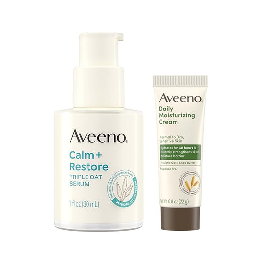 Aveeno Skin-care Bundle for Sensitive Skin, Calm + Restore Triple Oat Hydrating Face Serum, 1 fl. oz, & Trial Size Daily Moisturizing Cream + Prebiotic Oat, 0.5 oz, Fragrance Free, Two Items