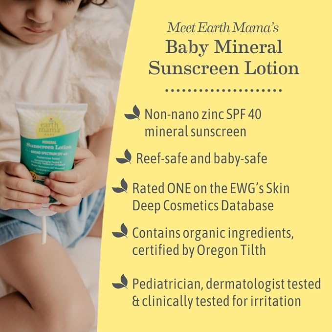 Earth Mama Baby Mineral Sunscreen Lotion SPF 40 | Reef Safe, Non-Nano Zinc, Natural Water Resistant Sun Cream for Babies, Kids & Adults, 3-Ounce