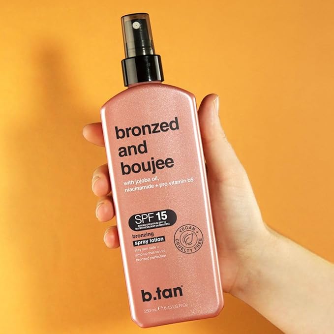 b.tan SPF 15 Sun Tanning Lotion Spray | Bronzed and Boujee - Outdoor Bronzing Spray Lotion, Packed with Jojoba Oil, Niacinamide, & Pro Vitamin B5, Vegan Friendly, Austrailian Brand, 8.45 Fl Oz