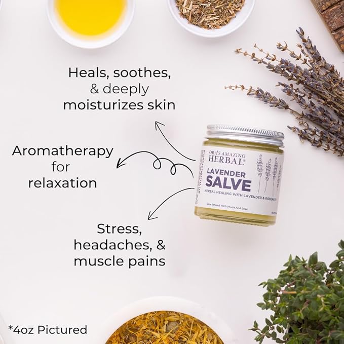 Ora's Amazing Herbal, Lavender Salve Balm, Drawing Salve with Lavender Essential Oil, Natural Skin Moisturizers, Repair Ointment for Irritated Skin, Aromatherapy for Relaxation Massage 4 oz