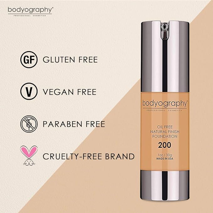 BODYOGRAPHY - NATURAL FINISH Foundation (Med/Dark#200): Oil-Free Anti-Aging Gluten-Free, Paraben-Free