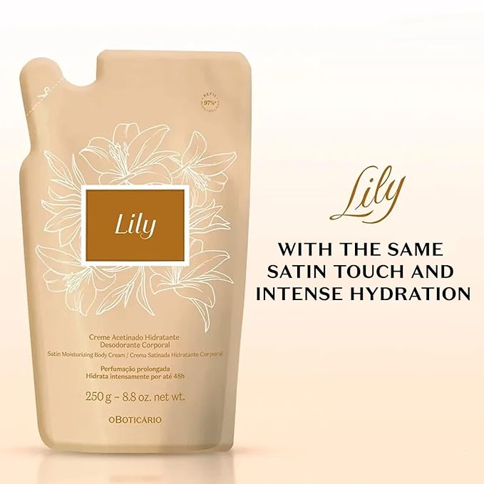 O Boticário Lily Satin Moisturizing Body Cream REFILL POUCH, 24 Hour Fragranced Body Butter for Dry Skin, 8.8 Ounce (250g)